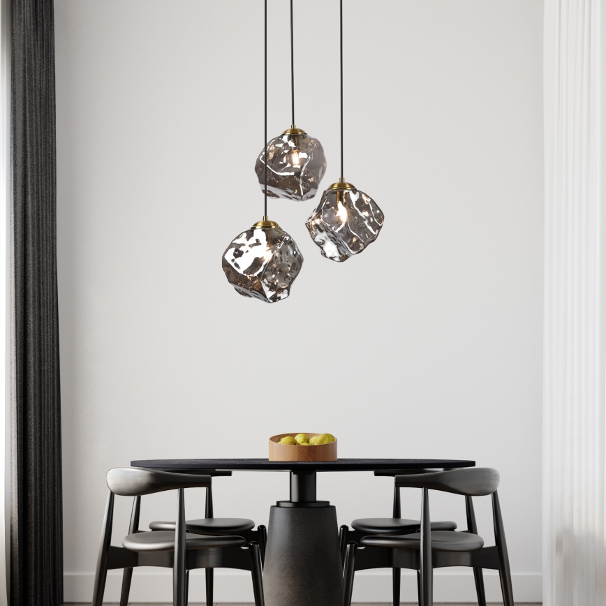 Candelabru suspendat pe cablu CRISTAL, 3x E14/15W/230V, alamă/negru fumuriu