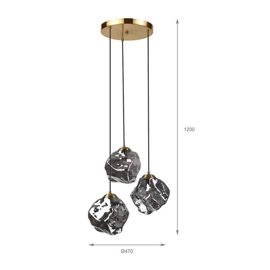 Candelabru suspendat pe cablu CRISTAL, 3x E14/15W/230V, alamă/negru fumuriu
