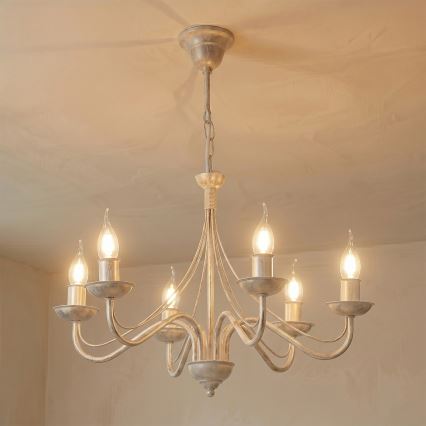 Candelabru suspendat pe lanț ANTON 6xE14/60W/230V, finisaj alb patinat