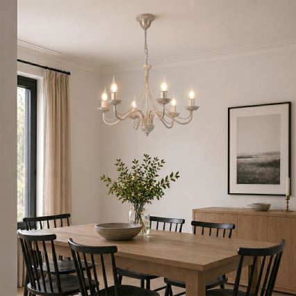 Candelabru suspendat pe lanț ANTON 6xE14/60W/230V, finisaj alb patinat