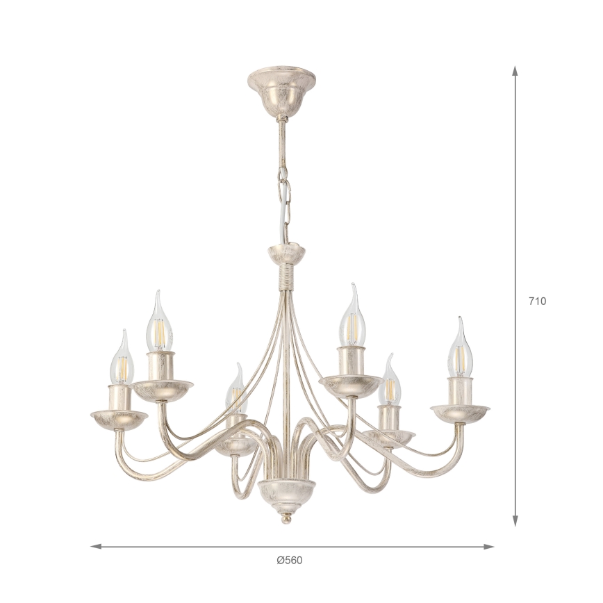 Candelabru suspendat pe lanț ANTON 6xE14/60W/230V, finisaj alb patinat