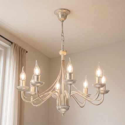 Candelabru suspendat pe lanț ANTON 8xE14/60W/230V, finisaj alb patinat