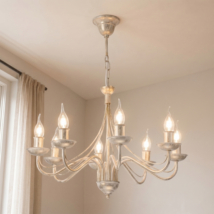 Candelabru suspendat pe lanț ANTON 8xE14/60W/230V, finisaj alb patinat