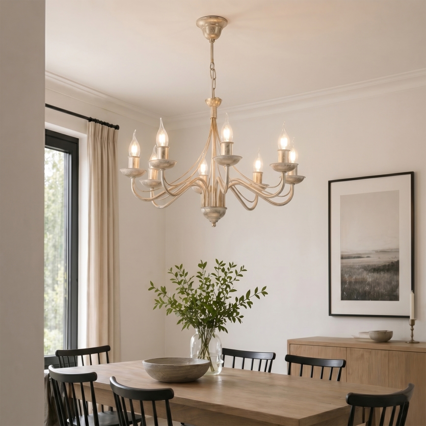 Candelabru suspendat pe lanț ANTON 8xE14/60W/230V, finisaj alb patinat