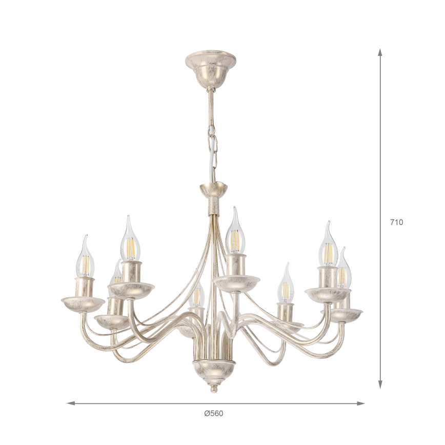 Candelabru suspendat pe lanț ANTON 8xE14/60W/230V, finisaj alb patinat