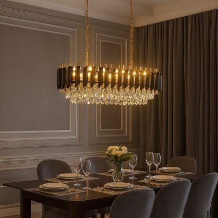 Candelabru suspendat pe lanț CRISTAL 10xE14/10W/230V negru/auriu