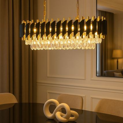 Candelabru suspendat pe lanț CRISTAL 10xE14/10W/230V negru/auriu