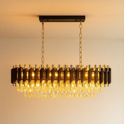 Candelabru suspendat pe lanț CRISTAL 10xE14/10W/230V negru/auriu