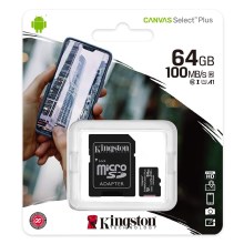 Card de memorie MicroSDXC 64GB Canvas Select Plus U1 100MB/s Kingston + adaptor SD