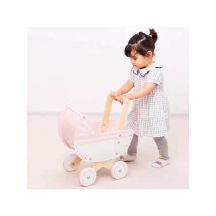 Cărucior din lemn pentru păpuși New Classic Toys roz