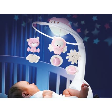Carusel pentru pătuț cu sunete și proiector 3 în 1 Infantino 3xAAA roz