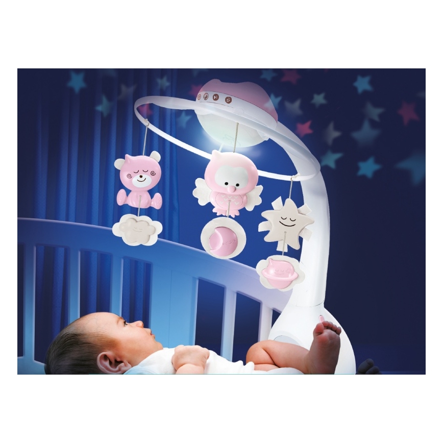 Carusel pentru pătuț cu sunete și proiector 3 în 1 Infantino 3xAAA roz