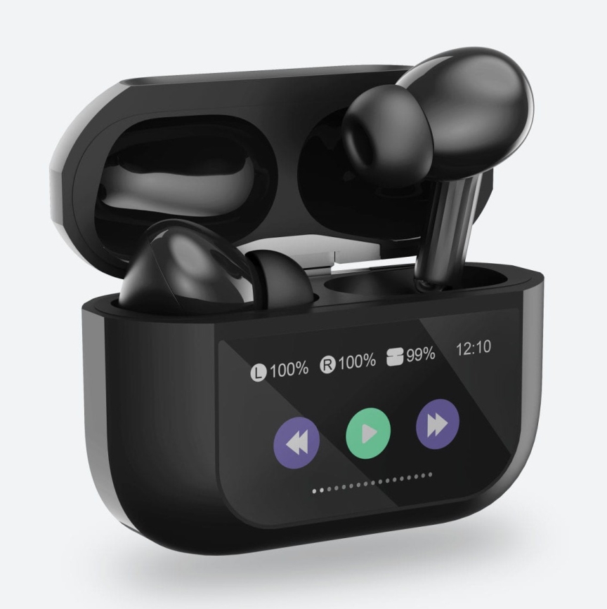 Căști wireless cu ecran LCD 300 mAh + 2x 30 mAh, negre