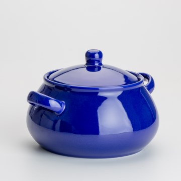 Castron ceramic albastru închis cu capac pentru supă