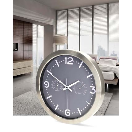 Ceas de perete cu termometru și higrometru, Ø 30,5 cm, inox/gri, alimentare 1x AA