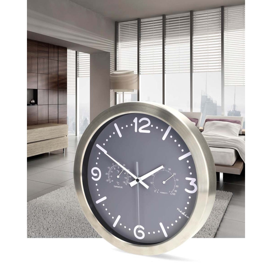 Ceas de perete cu termometru și higrometru, Ø 30,5 cm, inox/gri, alimentare 1x AA