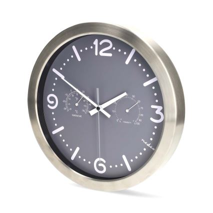 Ceas de perete cu termometru și higrometru, Ø 30,5 cm, inox/gri, alimentare 1x AA