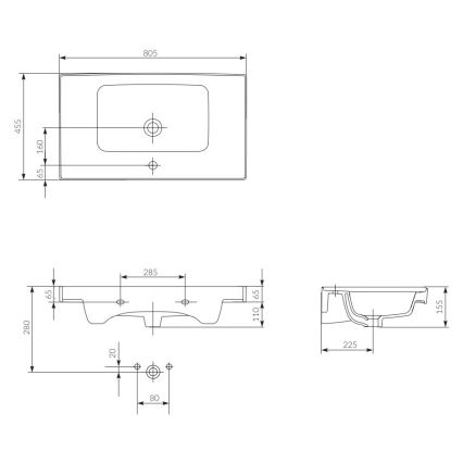 Cersanit K114-017 - Lavoar CREA 44,5 x 80,5 cm pentru blat/suspendat, ceramică, alb lucios