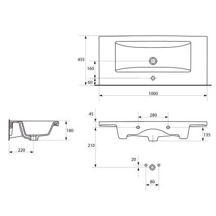 Cersanit K32-016-EX1 - Lavoar COMO 45x100 cm, pentru montaj pe blat sau suspendat, ceramică, alb lucios