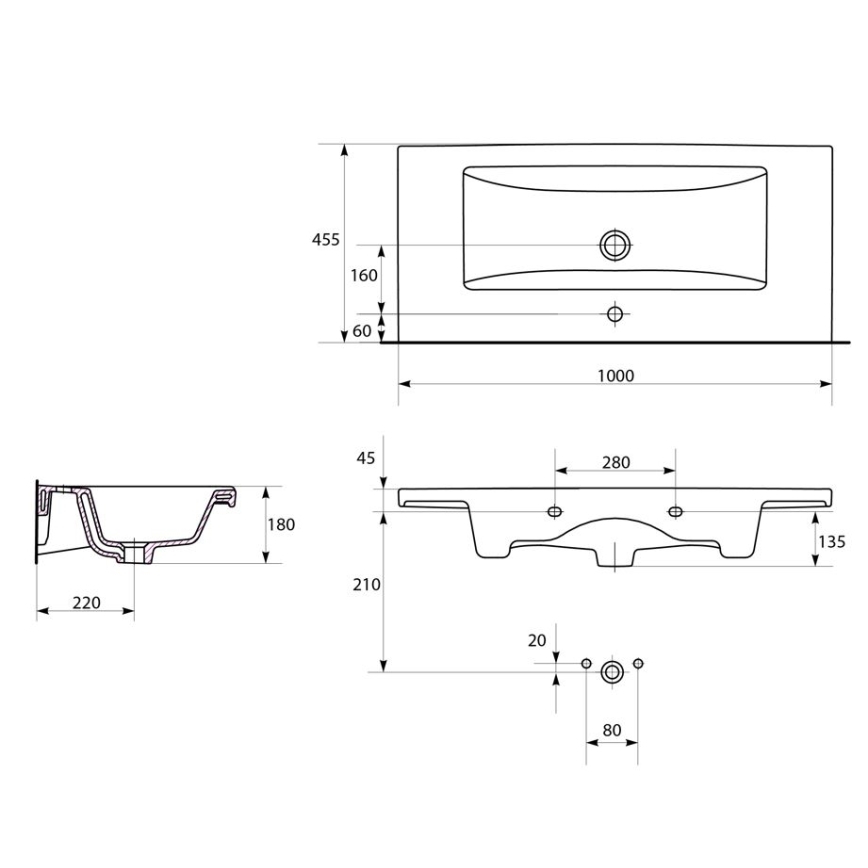 Cersanit K32-016-EX1 - Lavoar COMO 45x100 cm, pentru montaj pe blat sau suspendat, ceramică, alb lucios