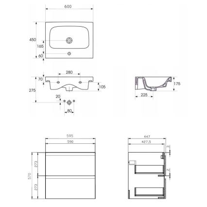 Cersanit S801-223-DSM - Dulap suspendat pentru baie cu lavoar MODUO 60x57x45 cm alb lucios