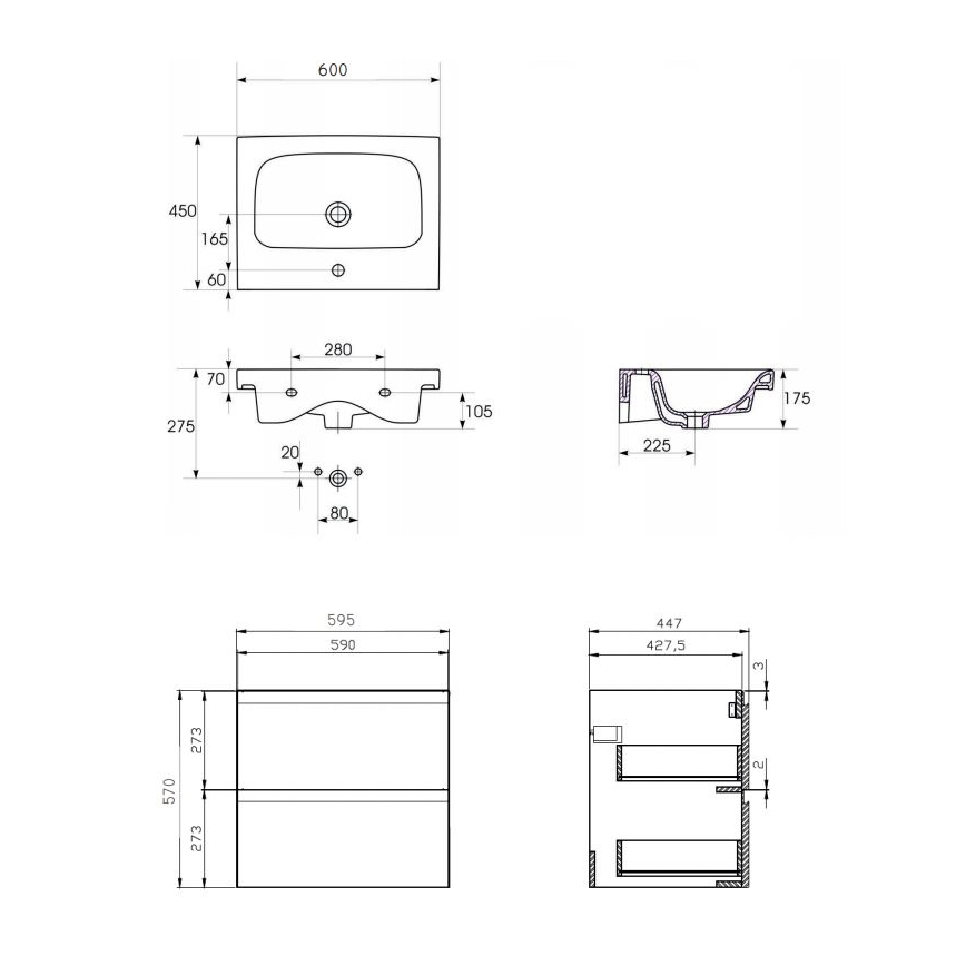 Cersanit S801-223-DSM - Dulap suspendat pentru baie cu lavoar MODUO 60x57x45 cm alb lucios