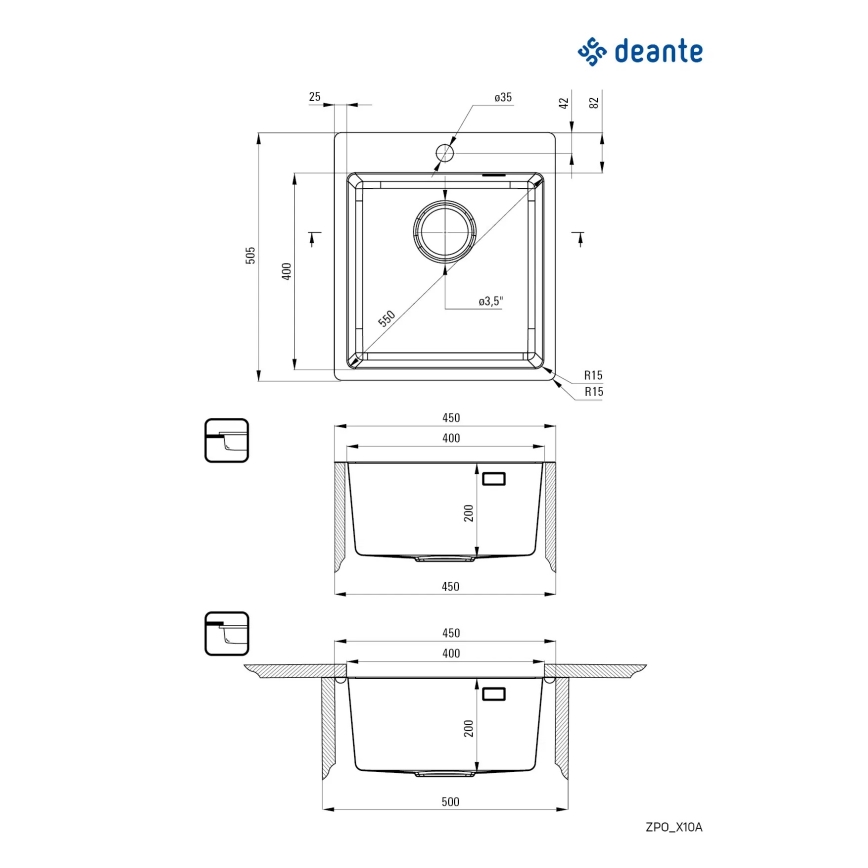 Chiuvetă de bucătărie Deante ZPO_010A OLFATO 50,5x45 cm oțel periat