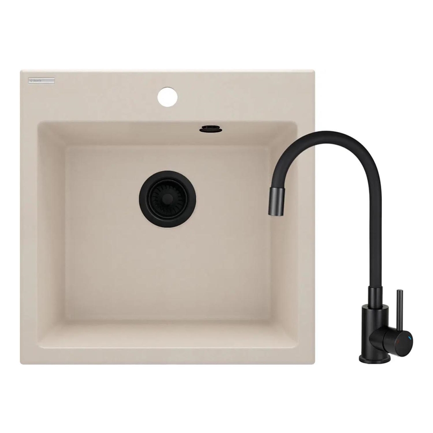 Chiuvetă de bucătărie Deante ZQJN5103 EVORA 50x50 cm + baterie de chiuvetă cu pipă flexibilă granit/bej