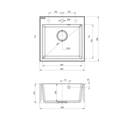 Chiuvetă de bucătărie Deante ZQJN5103 EVORA 50x50 cm + baterie de chiuvetă cu pipă flexibilă granit/bej