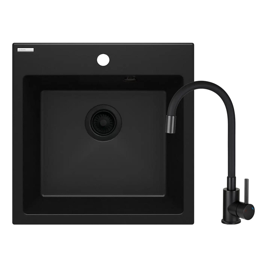 Chiuvetă de bucătărie Deante ZQJNN103 EVORA 50x50 cm + baterie de chiuvetă cu pipă flexibilă granit/negru
