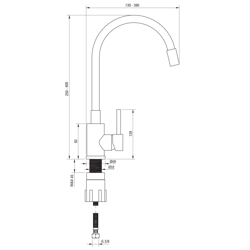 Chiuvetă de bucătărie Deante ZQJNN103 EVORA 50x50 cm + baterie de chiuvetă cu pipă flexibilă granit/negru