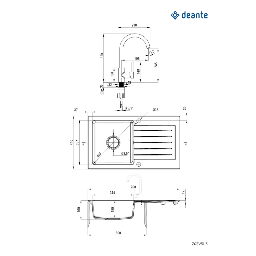 Chiuvetă de bucătărie Deante ZQZVA113 ZORBA 76x44 cm + baterie de chiuvetă granit/alabastru