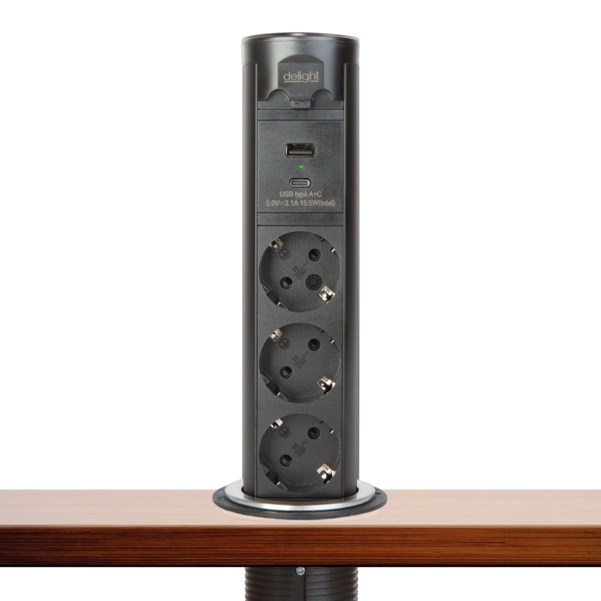 Coloană de prize pentru blat de birou 3x 230 V + USB-A + USB-C, negru