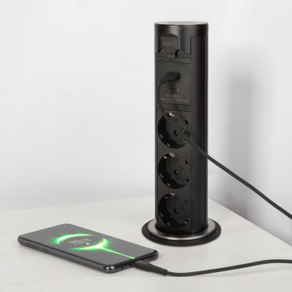 Coloană de prize pentru blat de birou 3x 230 V + USB-A + USB-C, negru