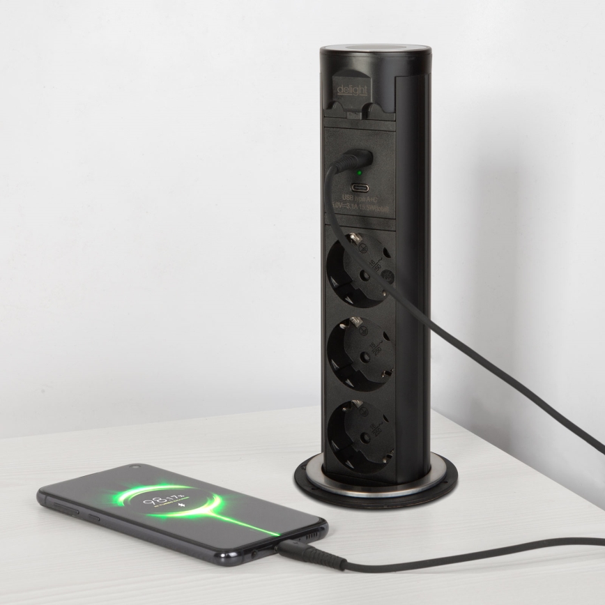 Coloană de prize pentru blat de birou 3x 230 V + USB-A + USB-C, negru