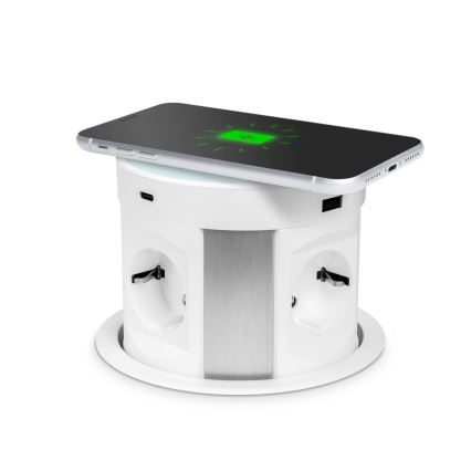 Coloană de prize pentru blat de masă cu încărcare wireless 4x230V + 2xUSB-A + 2xUSB-C albă