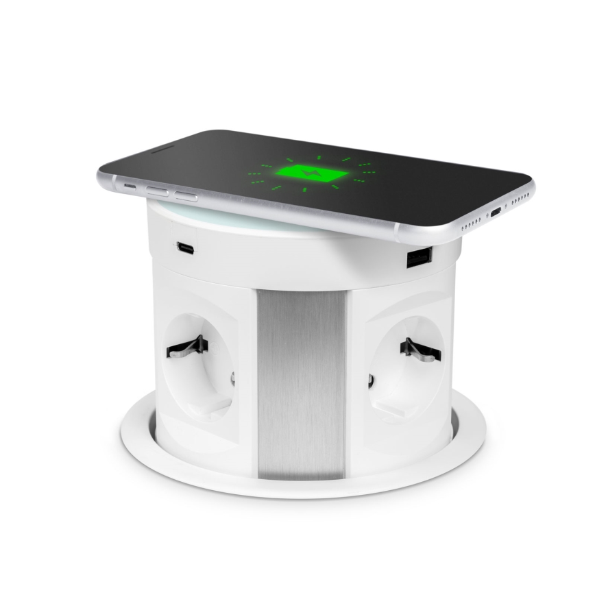 Coloană de prize pentru blat de masă cu încărcare wireless 4x230V + 2xUSB-A + 2xUSB-C albă