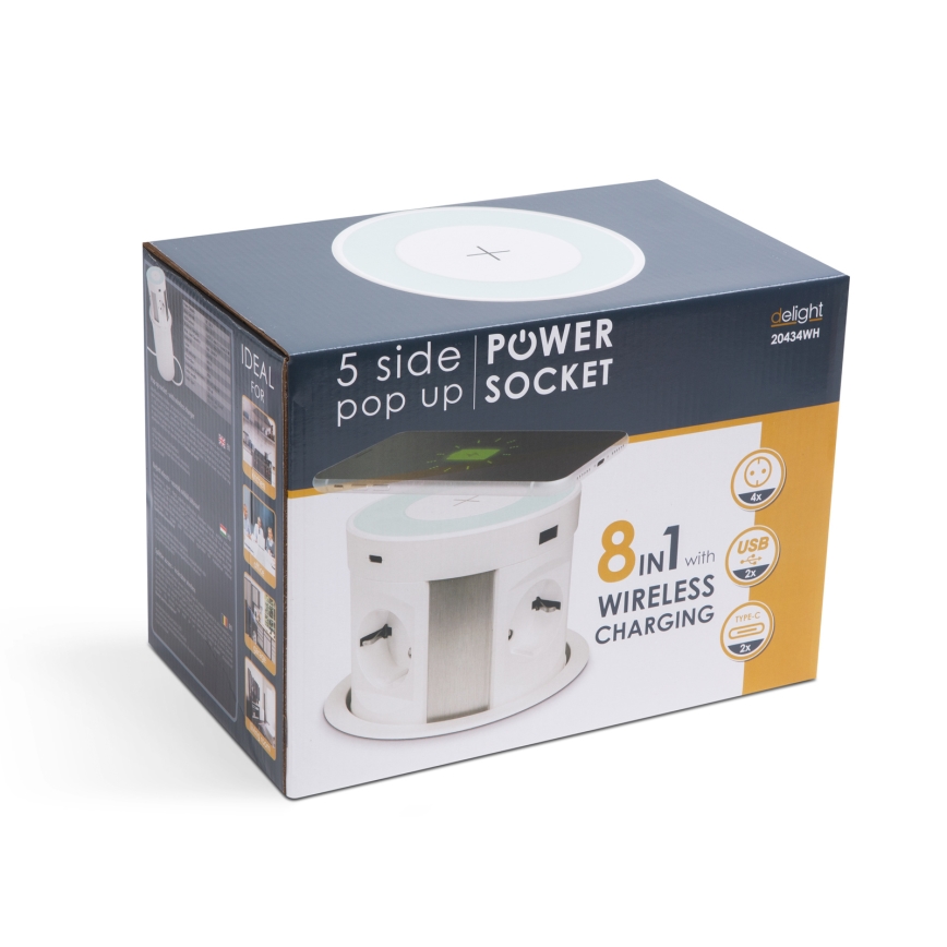 Coloană de prize pentru blat de masă cu încărcare wireless 4x230V + 2xUSB-A + 2xUSB-C albă