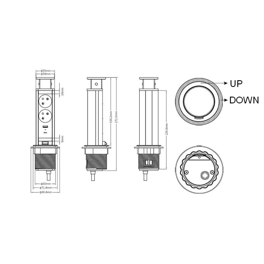 Coloană de prize pentru blatul biroului 2x230 V + USB-A + USB-C