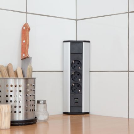 Coloană de prize pentru colț, 3x230 V + 2x USB-A, negru/argintiu