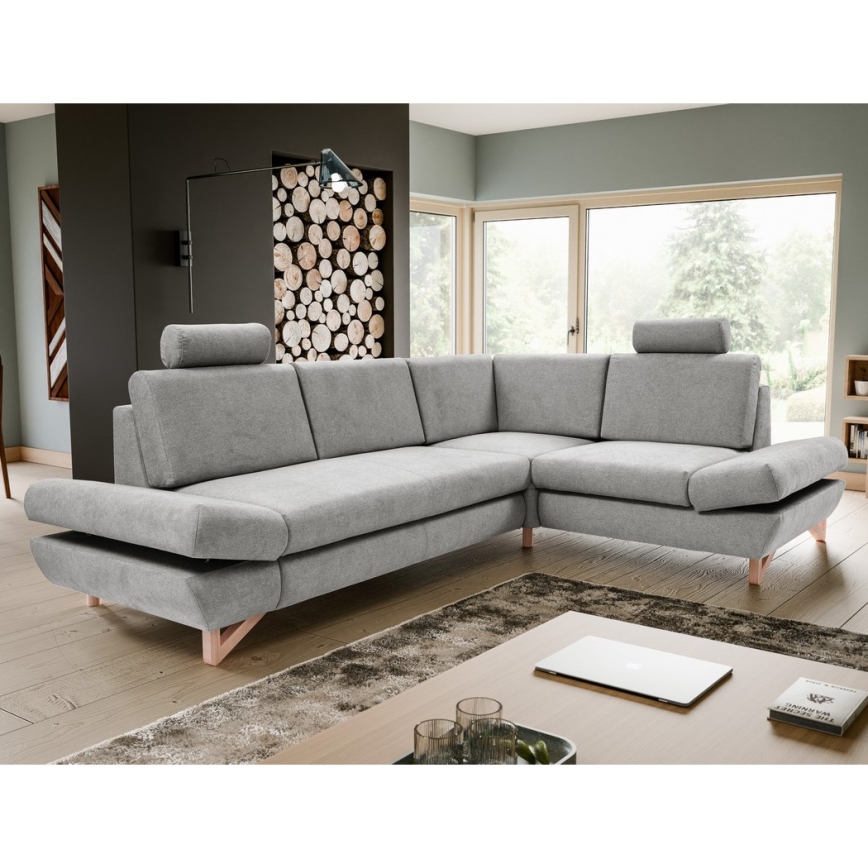 Colțar extensibil AVESTA, tapițat, cu spațiu de depozitare, formă L, pe partea dreaptă, gri