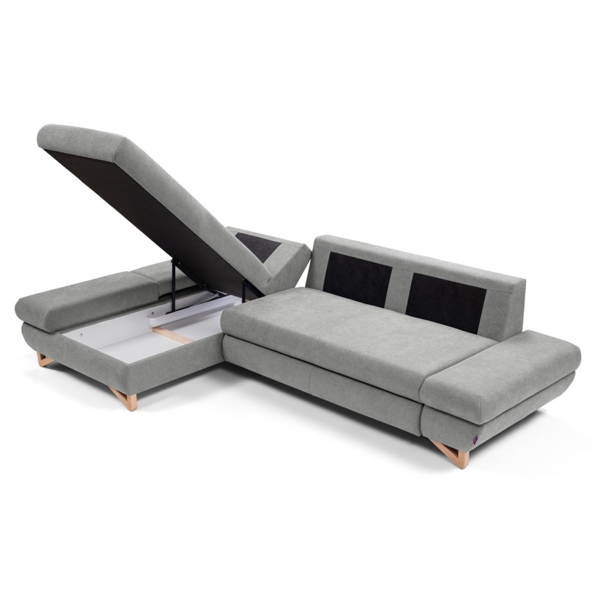 Colțar extensibil tapițat AVESTA, cu spațiu de depozitare, L, stânga, gri