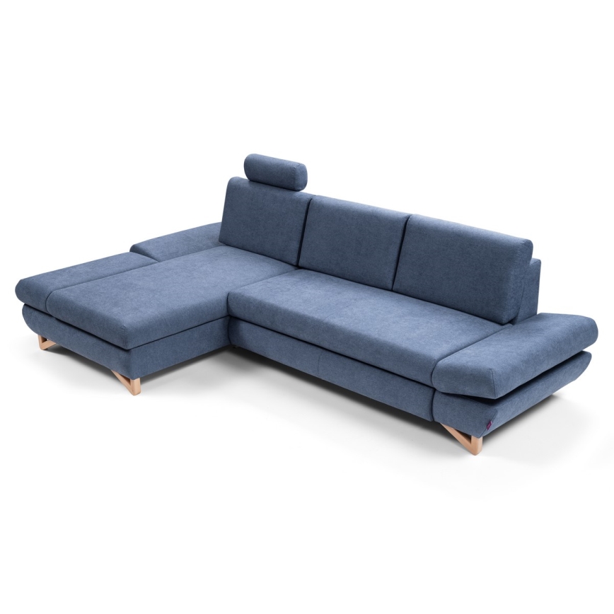 Colțar extensibil tapițat AVESTA, formă L, cu spațiu de depozitare, stânga, albastru