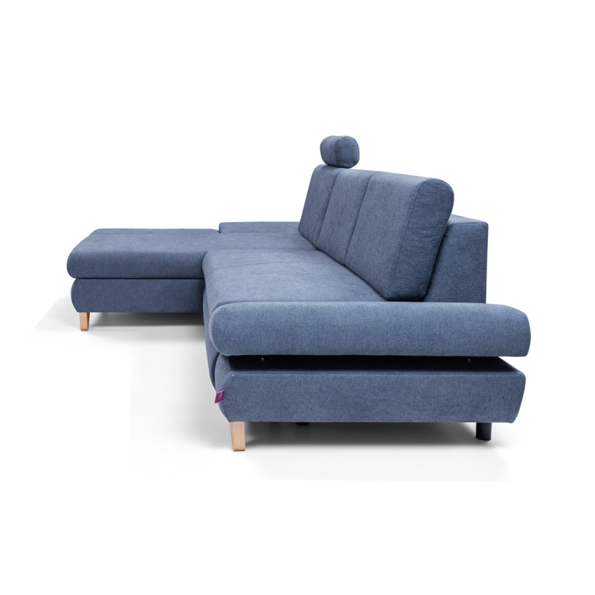 Colțar extensibil tapițat AVESTA, formă L, cu spațiu de depozitare, stânga, albastru