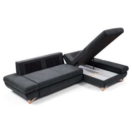 Colțar extensibil tapițat AVESTA, în formă de L, cu spațiu de depozitare, pe partea dreaptă, antracit