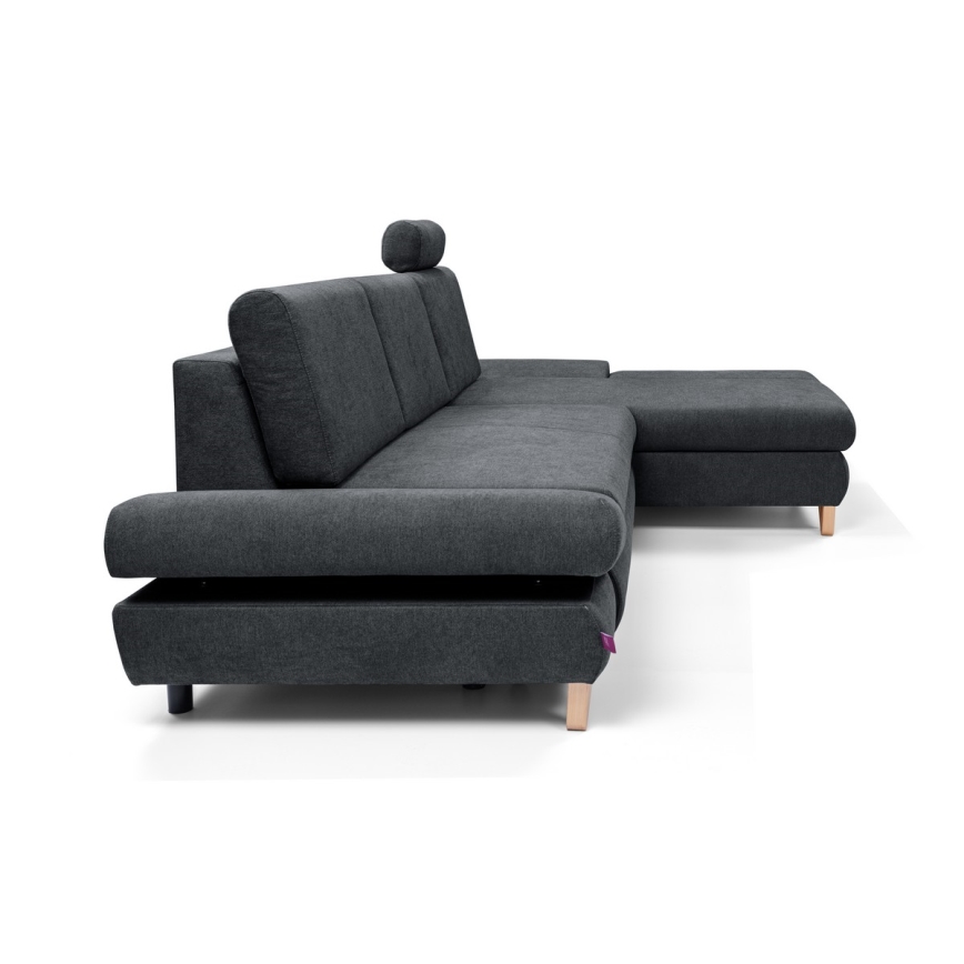 Colțar extensibil tapițat AVESTA, în formă de L, cu spațiu de depozitare, pe partea dreaptă, antracit