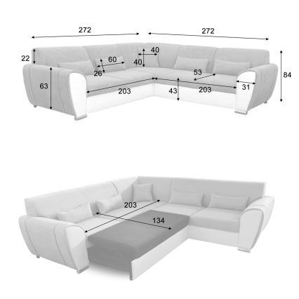 Colțar extensibil în formă de L cu spațiu de depozitare VISEU, partea dreaptă, gri/alb