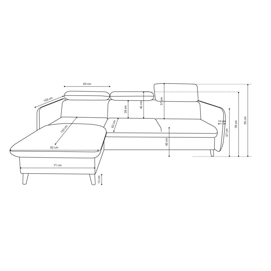 Colțar extensibil NISA, în formă de L, cu spațiu de depozitare, gri, pe partea dreaptă