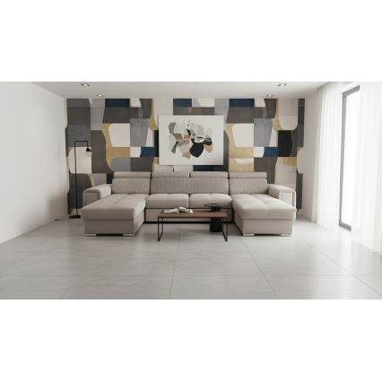 Canapea extensibilă SALVADA, colț universal în U, cu spațiu de depozitare, bej