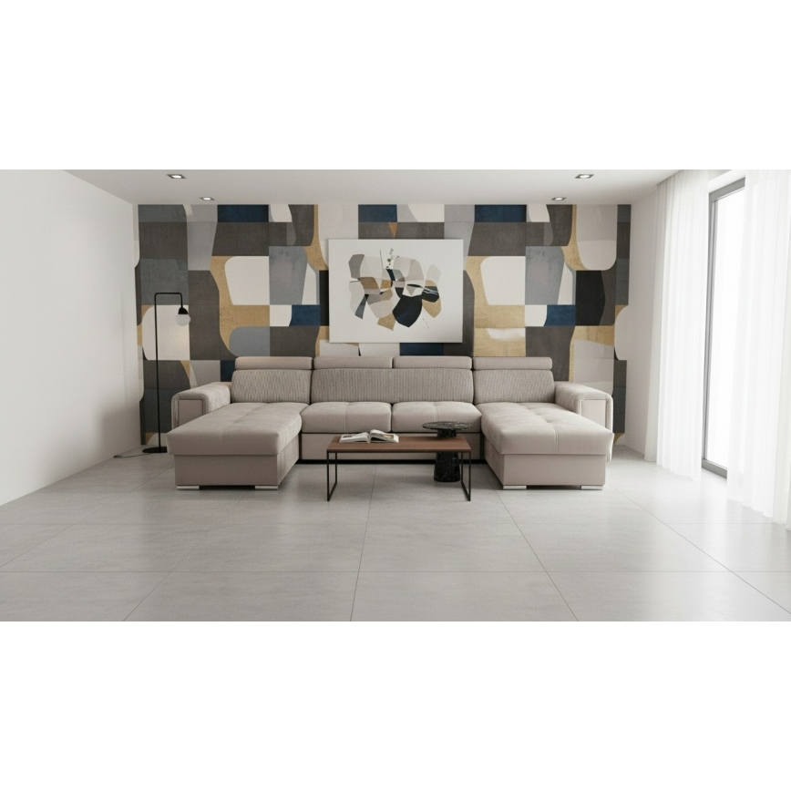 Canapea extensibilă SALVADA, colț universal în U, cu spațiu de depozitare, bej